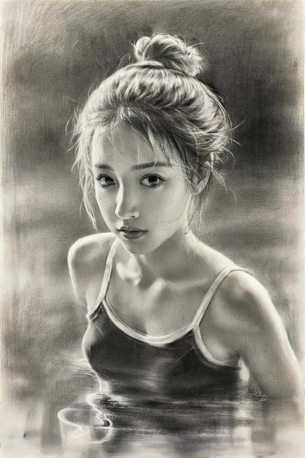 sketch,1girl,solo,monochrome,realistic,greyscale,swimsuit,one-piece swimsuit,water,traditional media,partially submerged,lips,single hair bun,looking at viewer,hair bun,upper body,<lora:GoodHands-vanilla:1>,best quality,high resolution,unity 8k wallpaper,photo_\(medium\),<lora:sumiao:0.75>,
