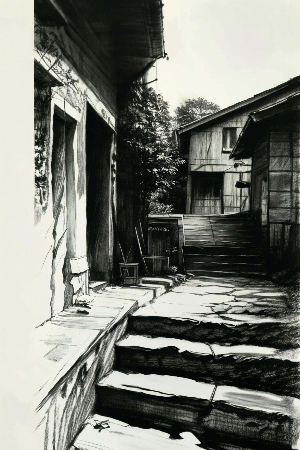 sketch,monochrome,stairs,greyscale,tree,traditional media,house,scenery,no humans,outdoors,<lora:GoodHands-vanilla:1>,best quality,high resolution,unity 8k wallpaper,photo_\(medium\),<lora:sumiao:0.75>,