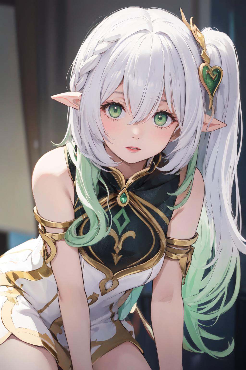 (masterpiece:1.3),best quality,high resolution,unity 8k wallpaper,(illustration:1),perfect lighting,photo_\(medium\),photorealistic,realistic,<lora:GoodHands-vanilla:1>,finely detail,extremely detailed,soft lighting and shadow,soft yet striking lighting,film grain:1.2,<lora:naxida-000007:0.7>,nahida \(genshin impact\),1girl,solo,looking at viewer,pointy ears,white hair,multicolored hair,side ponytail,hair ornament,dress,long hair,white dress,bangs,green hair,hair between eyes,lips,gradient hair,realistic,cross-shaped pupils,sleeveless dress,bare shoulders,green eyes,sleeveless,closed mouth,symbol-shaped pupils,leaning forward,