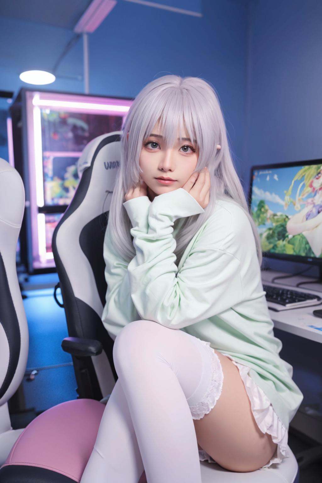 (masterpiece:1.3),best quality,high resolution,unity 8k wallpaper,(illustration:1),perfect lighting,photo_\(medium\),photorealistic,realistic,<lora:GoodHands-vanilla:1>,finely detail,extremely detailed,soft lighting and shadow,soft yet striking lighting,film grain:1.2,<lora:naxida-000007:0.7>,nahida \(genshin impact\), 1girl, solo, thighhighs, monitor, sitting, white thighhighs, looking at viewer, chair, white hair, indoors, no shoes, keyboard \(computer\), long hair, multicolored hair, sleeves past wrists, scarf, bangs, computer, lips, long sleeves