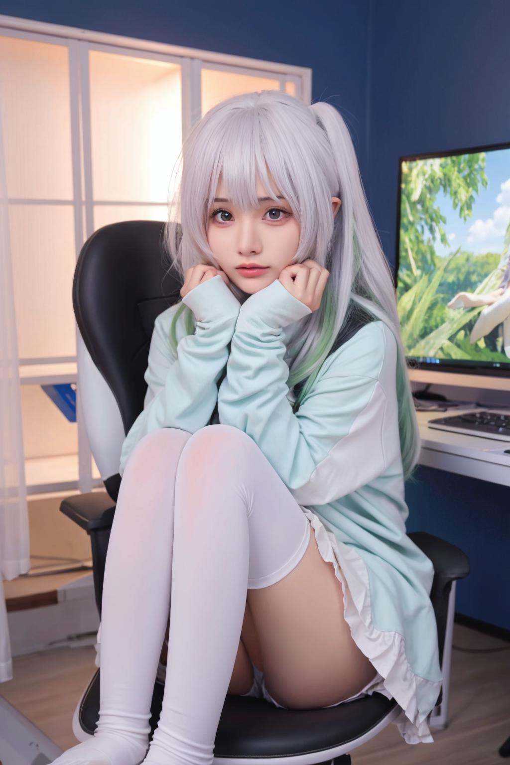 (masterpiece:1.3),best quality,high resolution,unity 8k wallpaper,(illustration:1),perfect lighting,photo_\(medium\),photorealistic,realistic,<lora:GoodHands-vanilla:1>,finely detail,extremely detailed,soft lighting and shadow,soft yet striking lighting,film grain:1.2,<lora:naxida-000007:0.7>,nahida \(genshin impact\), 1girl, solo, thighhighs, monitor, sitting, white thighhighs, looking at viewer, chair, white hair, indoors, no shoes, keyboard \(computer\), long hair, multicolored hair, sleeves past wrists, scarf, bangs, computer, lips, long sleeves