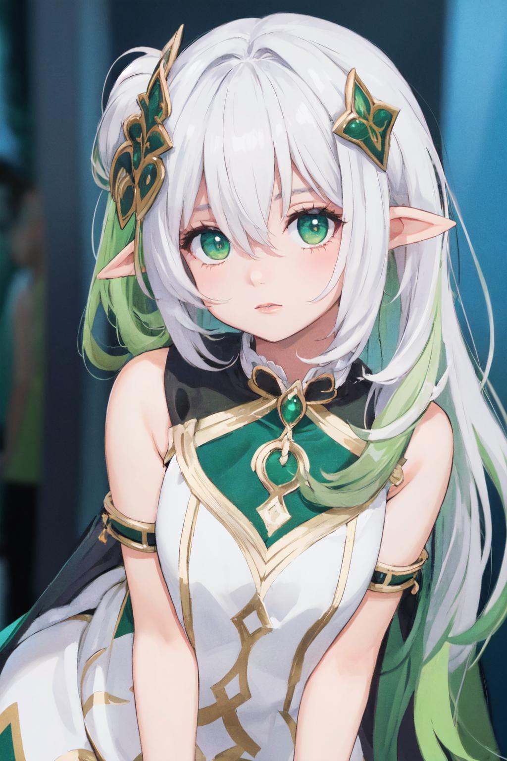 (masterpiece:1.3),best quality,high resolution,unity 8k wallpaper,(illustration:1),perfect lighting,photo_\(medium\),photorealistic,realistic,<lora:GoodHands-vanilla:1>,finely detail,extremely detailed,soft lighting and shadow,soft yet striking lighting,film grain:1.2,<lora:naxida-000007:0.7>,nahida \(genshin impact\),1girl,solo,looking at viewer,pointy ears,white hair,multicolored hair,side ponytail,hair ornament,dress,long hair,white dress,bangs,green hair,hair between eyes,lips,gradient hair,realistic,cross-shaped pupils,sleeveless dress,bare shoulders,green eyes,sleeveless,closed mouth,symbol-shaped pupils,leaning forward,