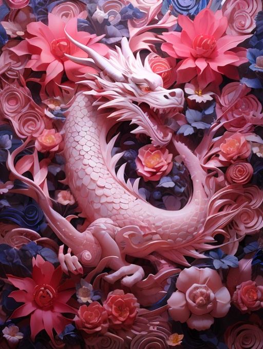 a pink dragon statue surrounded by flowers and leaves on a blue background with pink flowers and blue swirls, Mini, HFJL