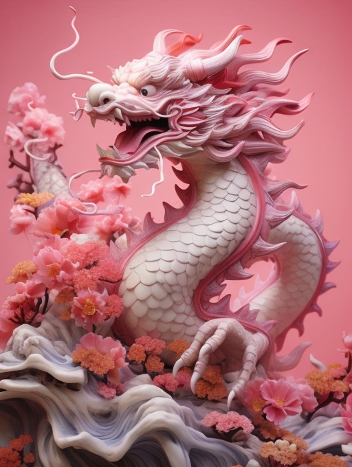 a statue of a dragon with flowers on a pink background with a pink background and a pink background with a pink background, Mini, HFJL