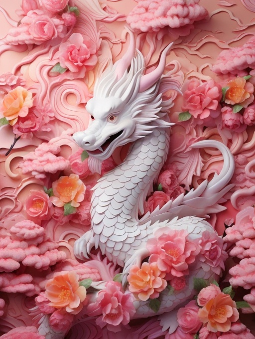 a white dragon with pink flowers on a pink background with pink flowers and pink clouds, Mini, HFJL