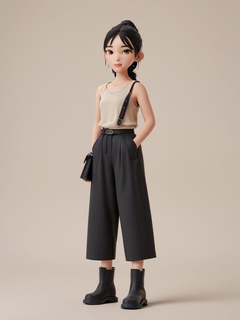 professional 3d model 1girl,grey background,full body,solo,Paperbag waist pants, **** top, and mules.,design by 山本耀司(Yohji Yamamoto),<lora:C4D-000009:0.8>, . octane render, highly detailed, volumetric, dramatic lighting