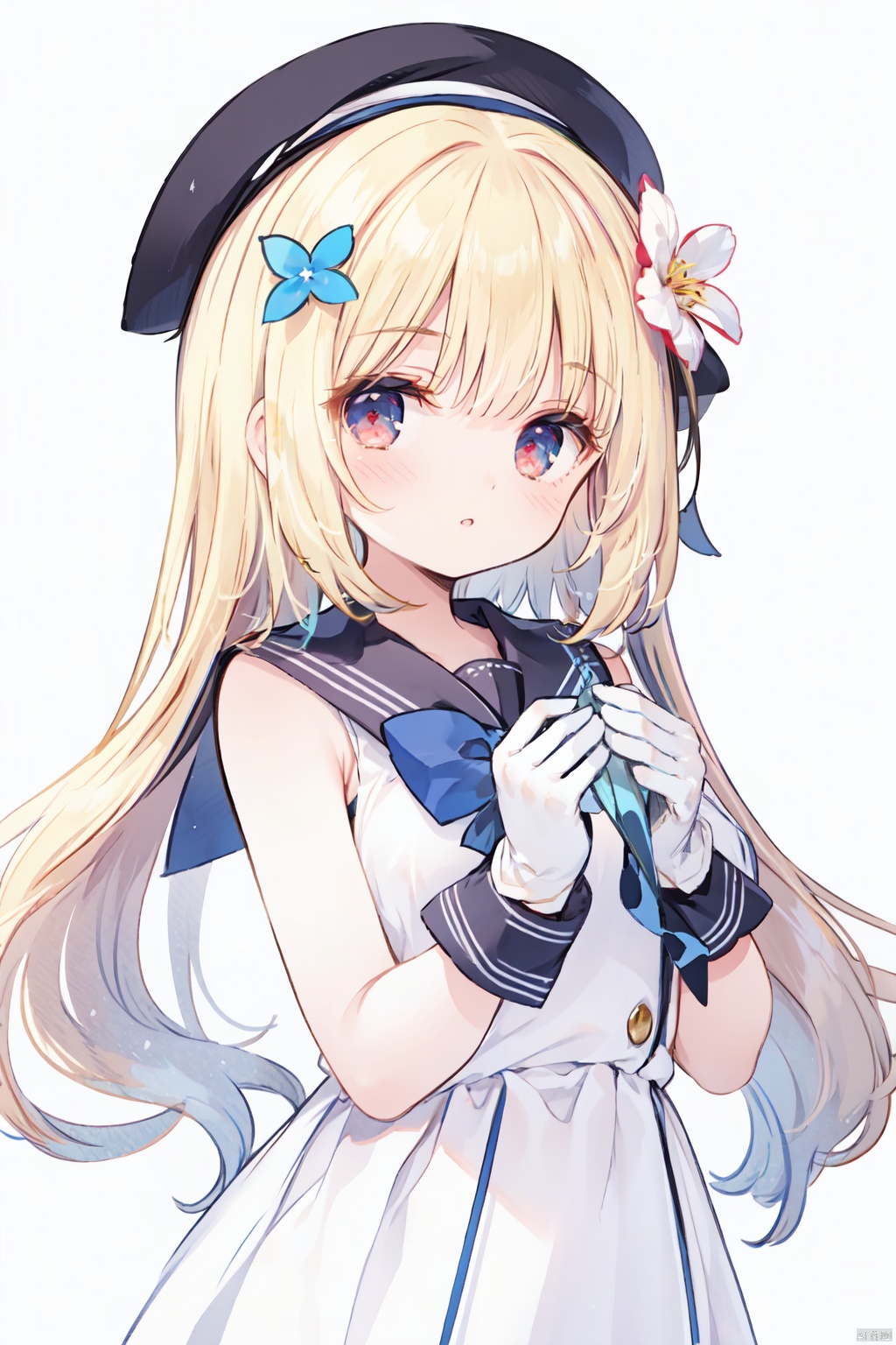  masterpiece, best quality, 1girl, solo, long hair, blonde hair, gloves, hat, white gloves, red eyes, looking at viewer, bangs, sleeveless, white headwear, dress, sailor collar, upper body, flower, white background, white dress, breasts, simple background, bow, bare shoulders, sleeveless dress, sailor dress, beret, own hands together, hair ornament, hair flower, small breasts, blue bow, ribbon, white sailor collar, parted lips, blunt bangs, sailor hat, very long hair, white flower, nai3