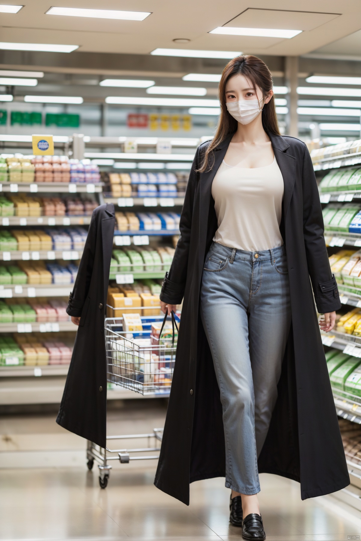 A long-haired Asian beauty is shopping in a supermarket, carefully selecting items. She is wearing a long coat, and her ample bosom is pressed against the fabric.

