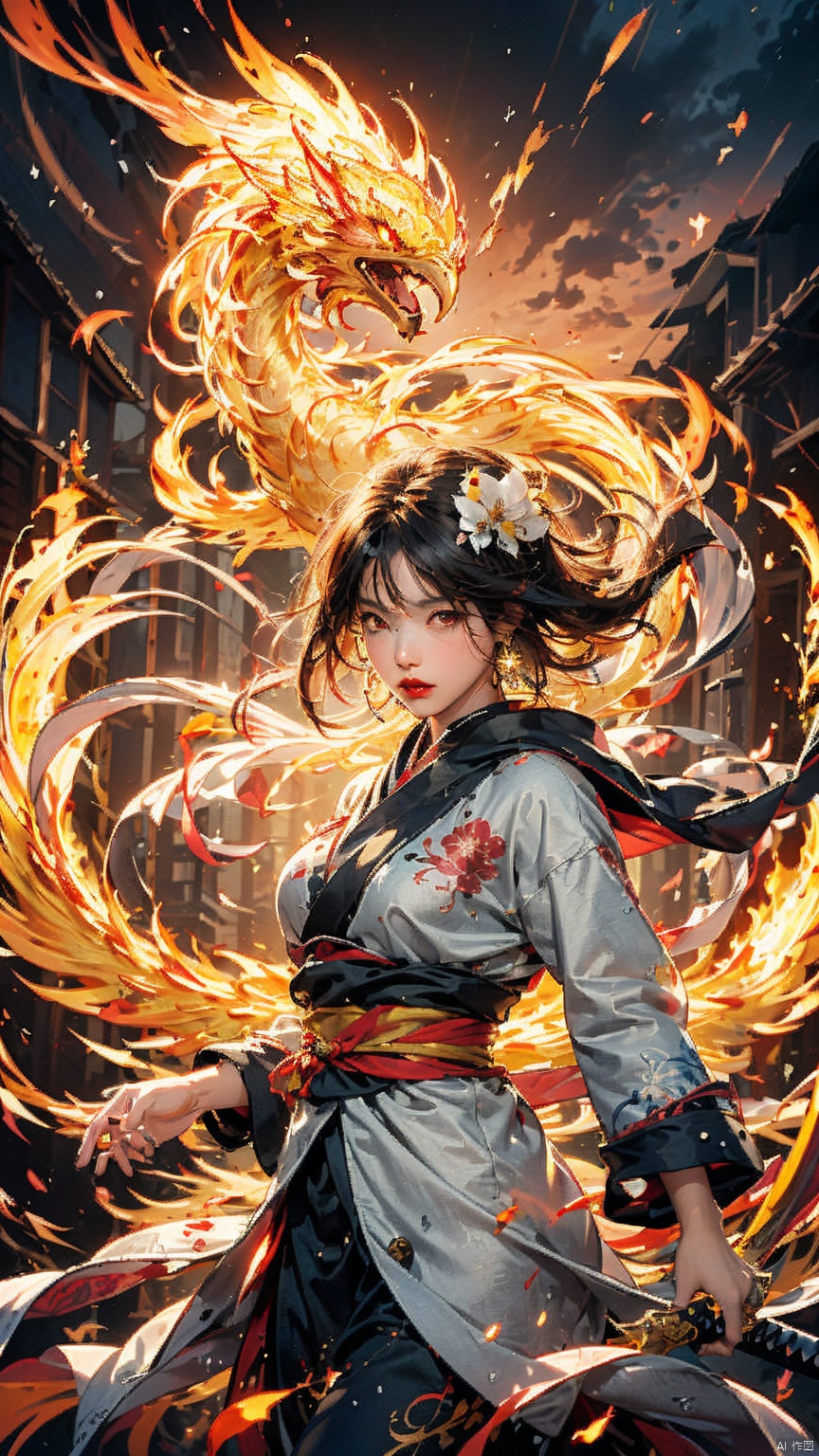  (Heading up) (Positive Light) Female Focus, Lightness Skill, Imperial Sword (Straight Sword) (Giant Phoenix Projection)
Red lips, bangs, earrings, kimono, Chinese cardigan, print, tassels
Cloud and mist whirlwind, shrouded in clouds and mist, ethereal aura drifting, Chinese architecture, Taoist runes, Daofa Rune,Flowing scroll