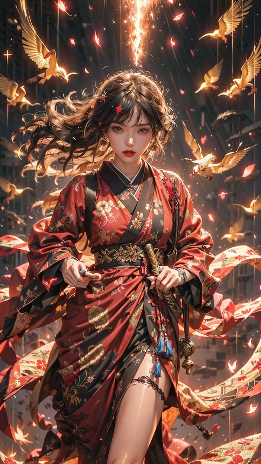 Female Focus,holding glowing katana（Iaido）
Red lips, bangs, earings, kimono,Chinese closures, floral print, tassel,   robe dragon, glowing weight,  flowing light, shooting stars,Neon lights, reflecting lights, epic lighting,