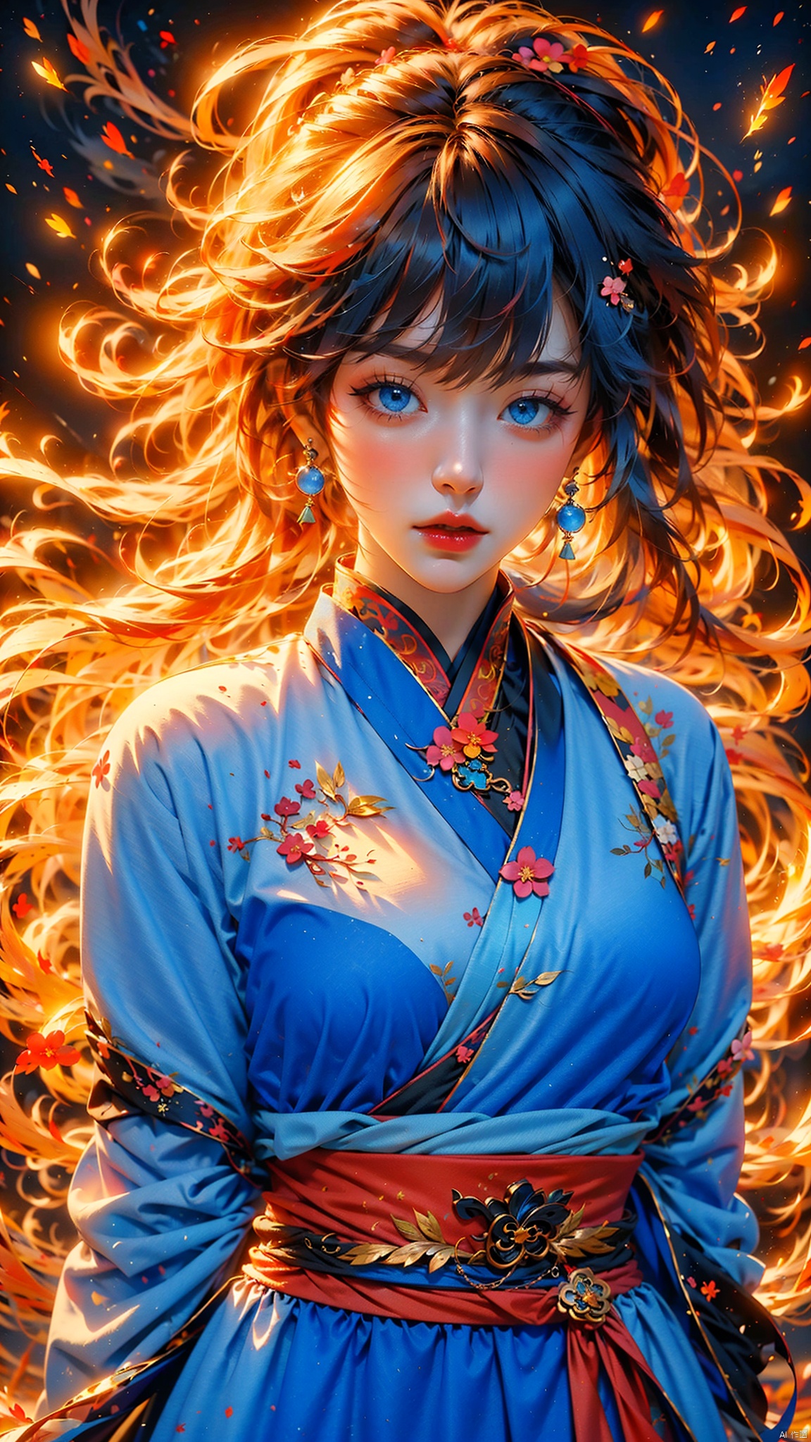  1 girl, solo, (upper body) female focal point, (Hanfu) (kimono) (skirt), blue long hair, (Chinese clothing) (blue eyes) (bright pictures) red lips, bangs, earrings, kimono, Chinese cardigan, print, tassels, (front view) (front view), sword (straight sword)
Elemental Whirlwind, Chinese Dragon_ Imagination__ Cloud winding_ Huoyun_ Dragon, Chinese architecture.
(Masterpiece), (very detailed CG Unity 8K wallpaper), the best quality, high-resolution illustrations, stunning, highlights, (best lighting, best shadows, a very exquisite and beautiful), (enhanced)·