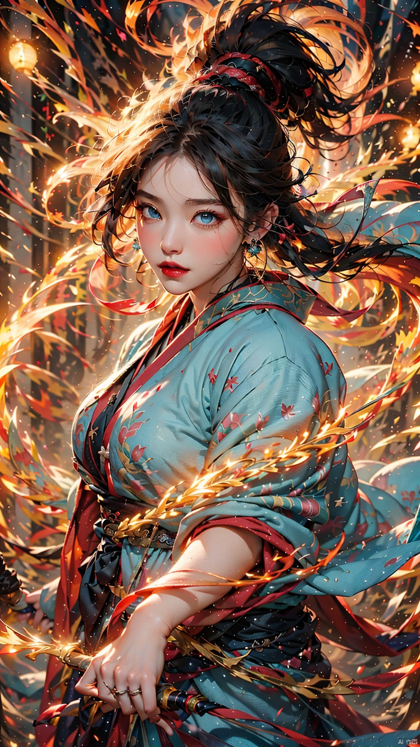 1 girl, (looking up) (positive light) (blue eyes), female focus, (long hair) lightness skill, imperial sword (straight sword) (lightning whirlwind), red lips, bangs, earrings, kimono, Chinese cardigan, print, tassels,
Chinese architecture, energy flow, energy fluid, a huge beast composed of energy, Taoist symbols, Multidimensional diffraction paper