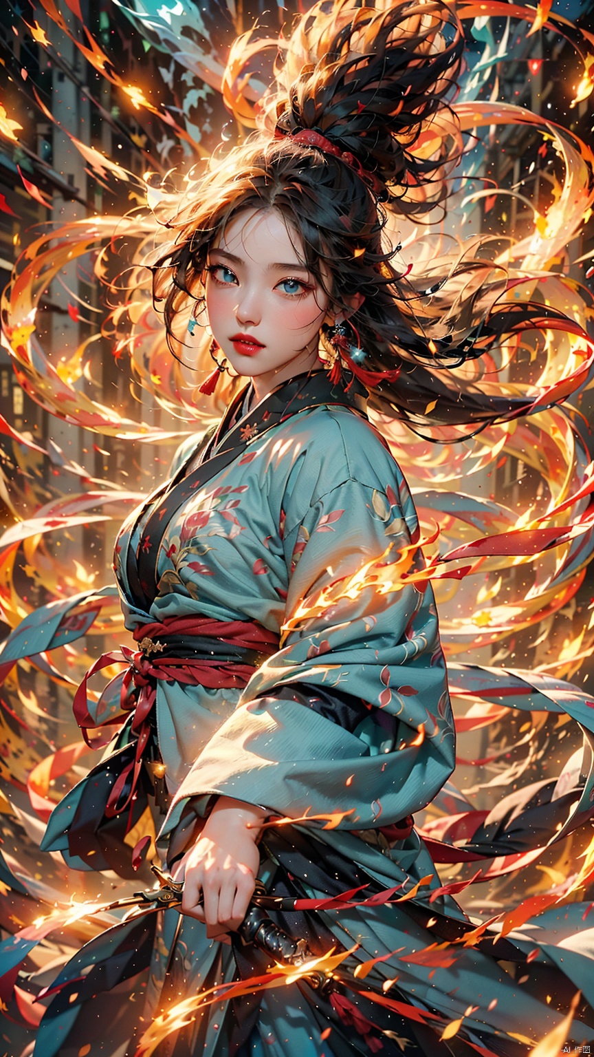 1 girl, (looking up) (positive light) (blue eyes), female focus, (long hair) lightness skill, imperial sword (straight sword) (lightning whirlwind), red lips, bangs, earrings, kimono, Chinese cardigan, print, tassels,
Chinese architecture, energy flow, flame fluid, a huge red fox composed of flames, Taoist talisman, taoist, Daofa Rune