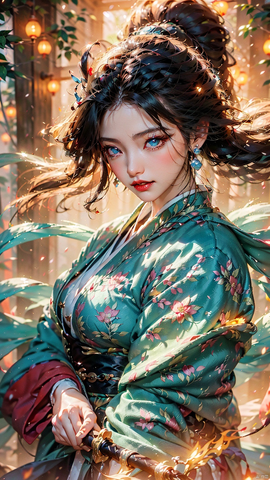 1 girl, (looking up) (positive light) (blue eyes), female focus, (long hair) lightness skill, imperial sword (straight sword) (lightning whirlwind), red lips, bangs, earrings, kimono, Chinese cardigan, print, tassels,
Chinese architecture, energy flow, flame fluid, a huge red fox composed of flames, Taoist talisman