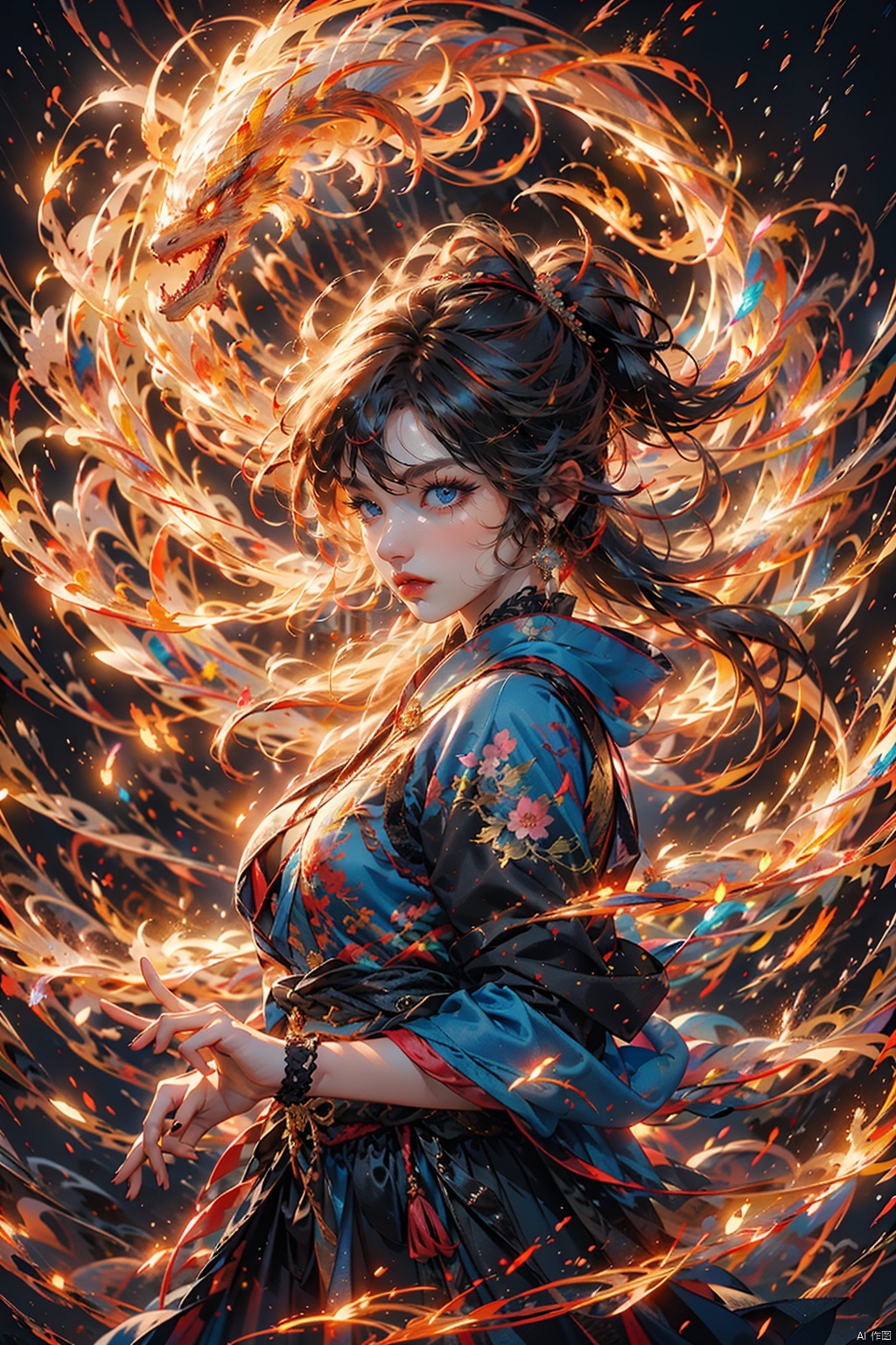  1 girl, solo, (upper body) female focal point, (Hanfu) (kimono) (skirt), blue long hair, (Chinese clothing) (blue eyes) (bright pictures) red lips, bangs, earrings, kimono, Chinese cardigan, print, tassels, (front view) (front view), sword (straight sword)
Elemental Whirlwind, Chinese Dragon_ Imagination__ Cloud winding_ Huoyun_ Dragon, Chinese architecture.
(Masterpiece), (very detailed CG Unity 8K wallpaper), the best quality, high-resolution illustrations, stunning, highlights, (best lighting, best shadows, a very exquisite and beautiful), (enhanced)·