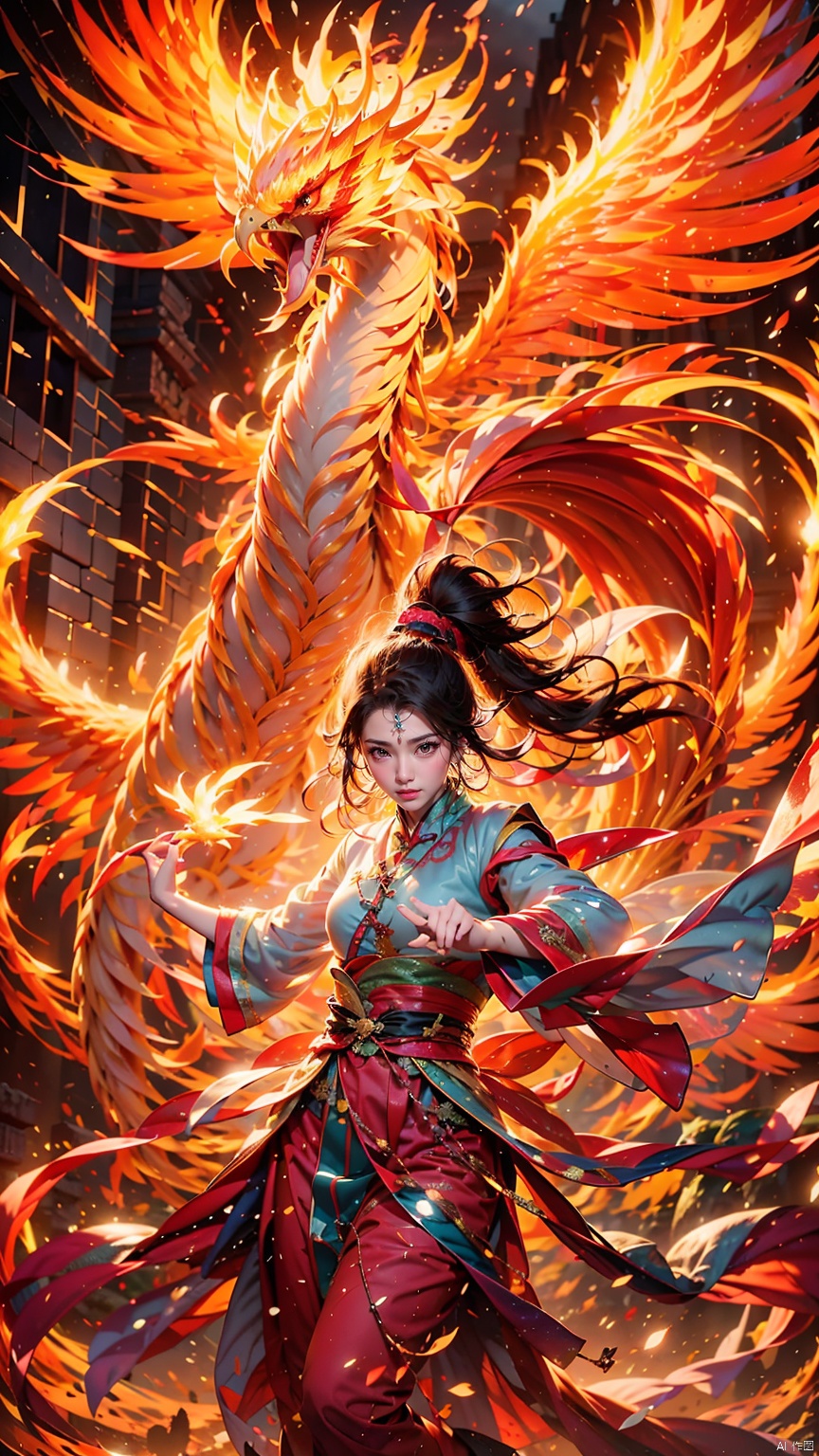  1 Girl, Ancient Chinese Hanfu, White Hair, Long Sleeved, Dynamic Pose, Ancient Chinese Architecture, Giant Phoenix, Energy Storm, Watching Audience, Female Focus, Outdoors, Standing, Phoenix