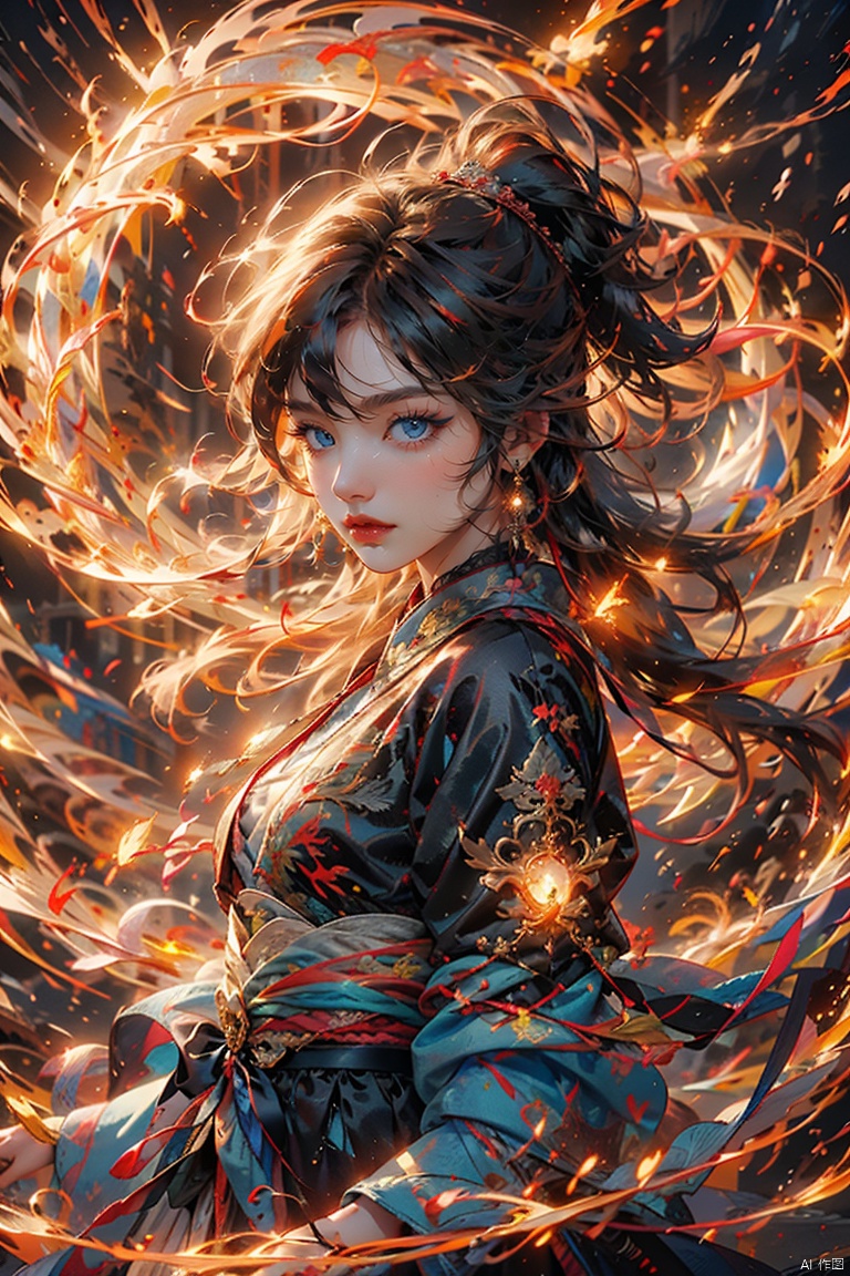  1 girl, solo, (upper body) female focal point, (Hanfu) (kimono) (skirt), blue long hair, (Chinese clothing) (blue eyes) (bright pictures) red lips, bangs, earrings, kimono, Chinese cardigan, print, tassels, (front view) (front view), sword (straight sword)
Elemental Whirlwind, Chinese Dragon_ Imagination__ Cloud winding_ Huoyun_ Dragon, Chinese architecture.
(Masterpiece), (very detailed CG Unity 8K wallpaper), the best quality, high-resolution illustrations, stunning, highlights, (best lighting, best shadows, a very exquisite and beautiful), (enhanced)·