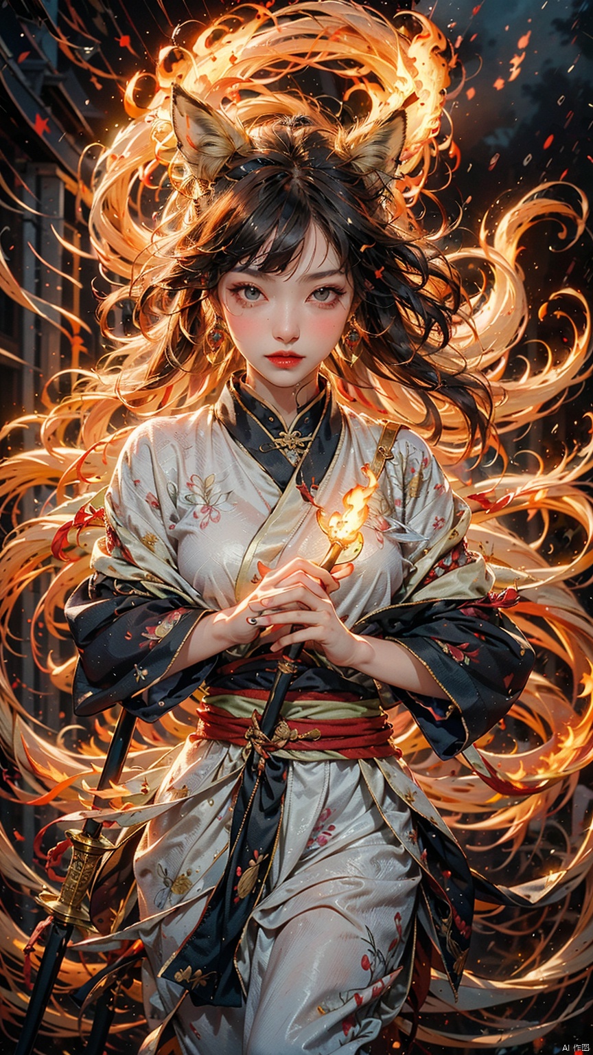 (1 Fire Fox) 1Girl, (Head Up) (Positive Light) Female Focus, (Long Hair) Lightness Skill, Imperial Sword (Straight Sword) (Thunderstorm), Red Lips, bangs, earrings, kimono, Chinese cardigan, print, tassels,
Chinese architecture, shrouded in clouds and mist, with ethereal aura and Taoist symbols