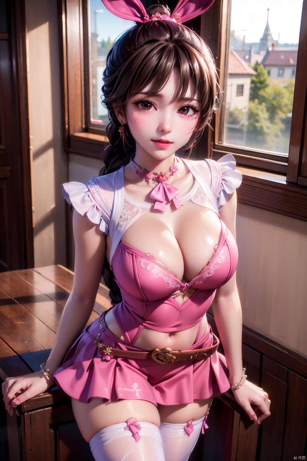  1girl,xiaowu,(best quality, highres, masterpiece), rabbit_ears, solo, animal_ears, thighhighs, jewelry, belt, brown_hair, pink_footwear, pink_dress, Ponytail, braid,Navel,pink_dress,Navel,