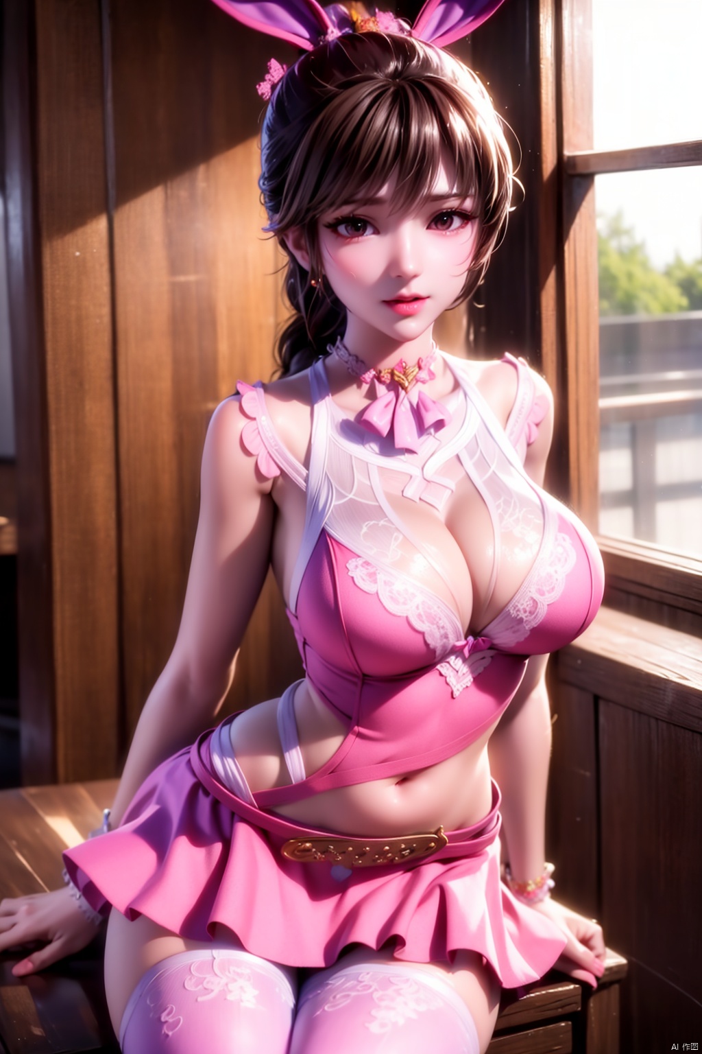  1girl,xiaowu,(best quality, highres, masterpiece), rabbit_ears, solo, animal_ears, thighhighs, jewelry, belt, brown_hair, pink_footwear, pink_dress, Ponytail, braid,Navel,pink_dress,Navel,