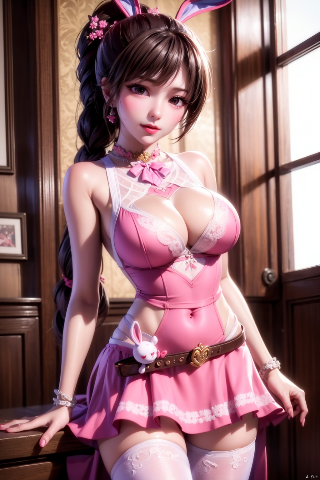  1girl,xiaowu,(best quality, highres, masterpiece), rabbit_ears, solo, animal_ears, thighhighs, jewelry, belt, brown_hair, pink_footwear, pink_dress, Ponytail, braid,Navel,pink_dress,Navel,