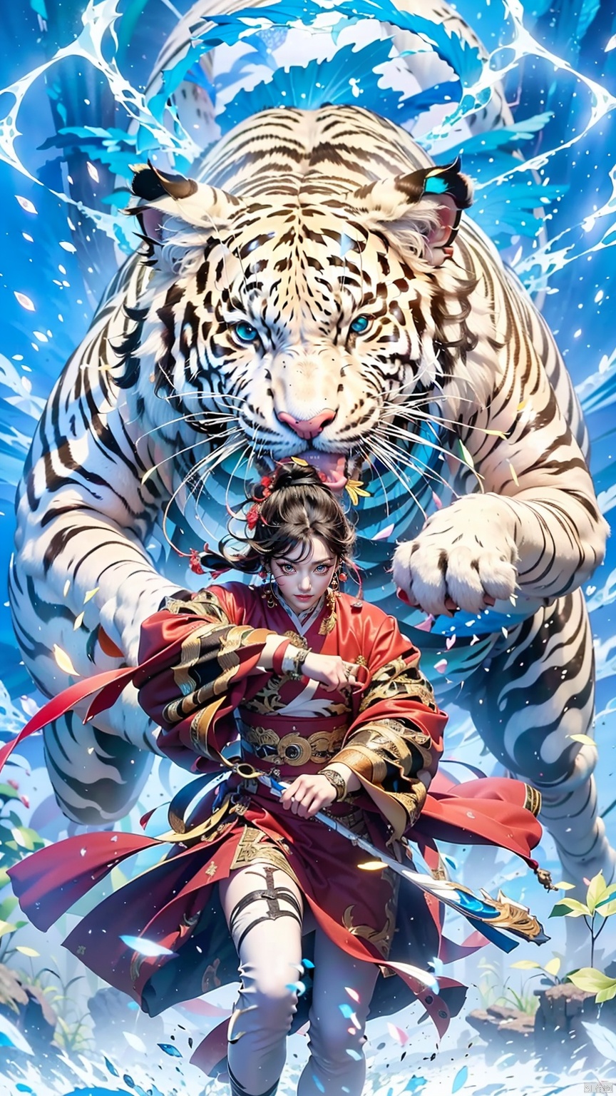  1 Girl, Ancient Chinese Hanfu, White Hair, Sword Holding, Long Sleeve, Dynamic Pose, Ancient Chinese Architecture, Giant White Tiger, Energy Storm, Watching Audience, Female Focus, Outdoors, Standing, Tiger, yiwenrudao\(xiuxian\), Daofa Rune, black pantyhose, Ink scattering_Chinese style, chang
