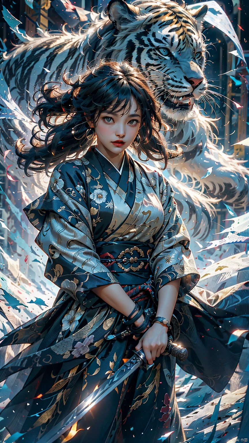 1Girl, (Head Up) (Positive Light) Female Focus, (Long Hair) Lightness Skill, Imperial Sword (Straight Sword) (Thunderbolt and Whirlwind)
Red lips, bangs, earrings, kimono, Chinese cardigan, print, tassels, white tiger projection
Chinese architecture, shrouded in clouds and mist, with ethereal aura and Taoist runes, White_Tiger