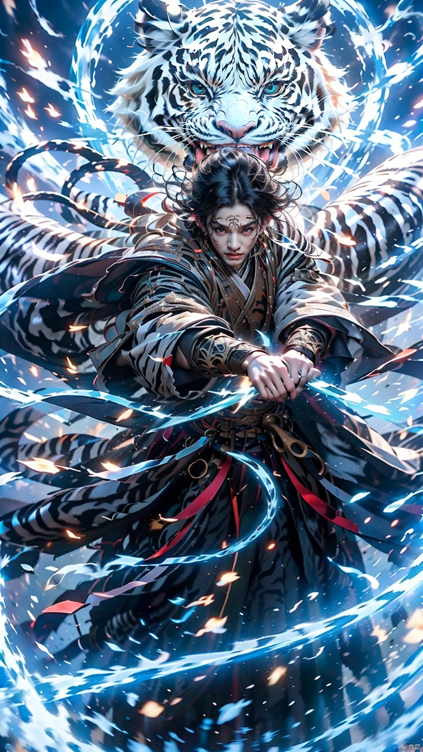  1 Girl, Ancient Chinese Hanfu, White Hair, Sword Holding, Long Sleeve, Dynamic Pose, Ancient Chinese Architecture, Giant White Tiger, Energy Storm, Watching Audience, Female Focus, Outdoors, Standing, Tiger, yiwenrudao\(xiuxian\)
