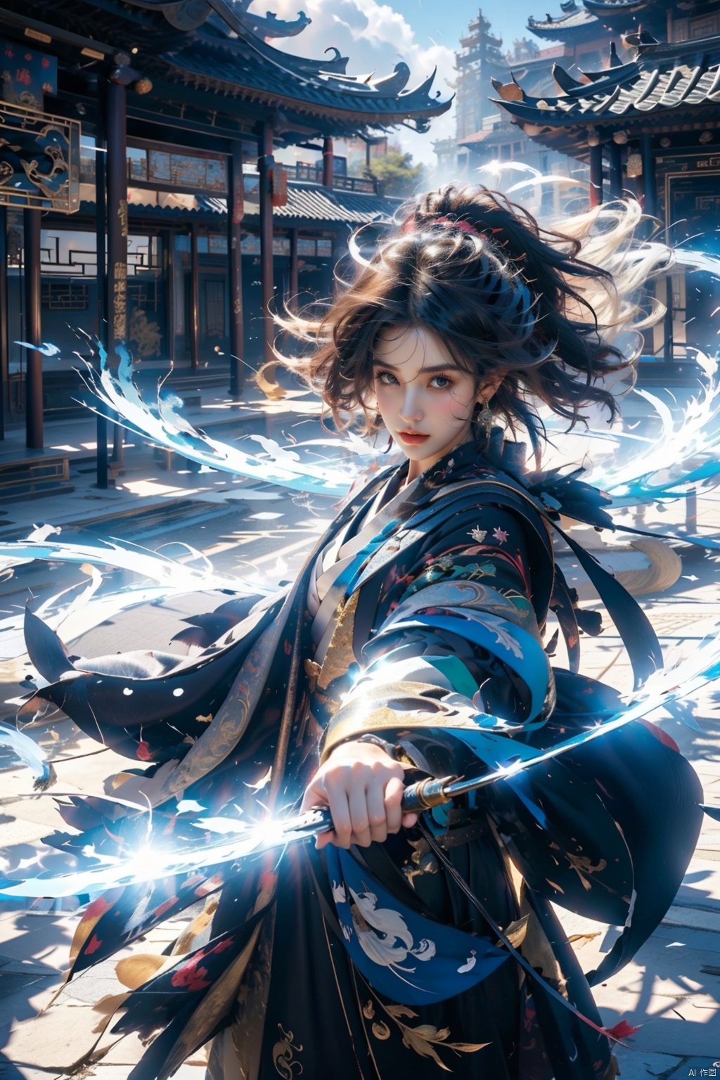  1 girl, solo, (upper body) female focal point, (Hanfu) (kimono) (skirt), blue long hair, (Chinese clothing) (blue eyes) (bright pictures) red lips, bangs, earrings, kimono, Chinese cardigan, print, tassels, (front view) (front view), sword (straight sword)
Elemental Whirlwind, Chinese Dragon_ Imagination__ Cloud winding_ Huoyun_ Dragon, Chinese architecture.
(Masterpiece), (very detailed CG Unity 8K wallpaper), the best quality, high-resolution illustrations, stunning, highlights, (best lighting, best shadows, a very exquisite and beautiful), (enhanced)·