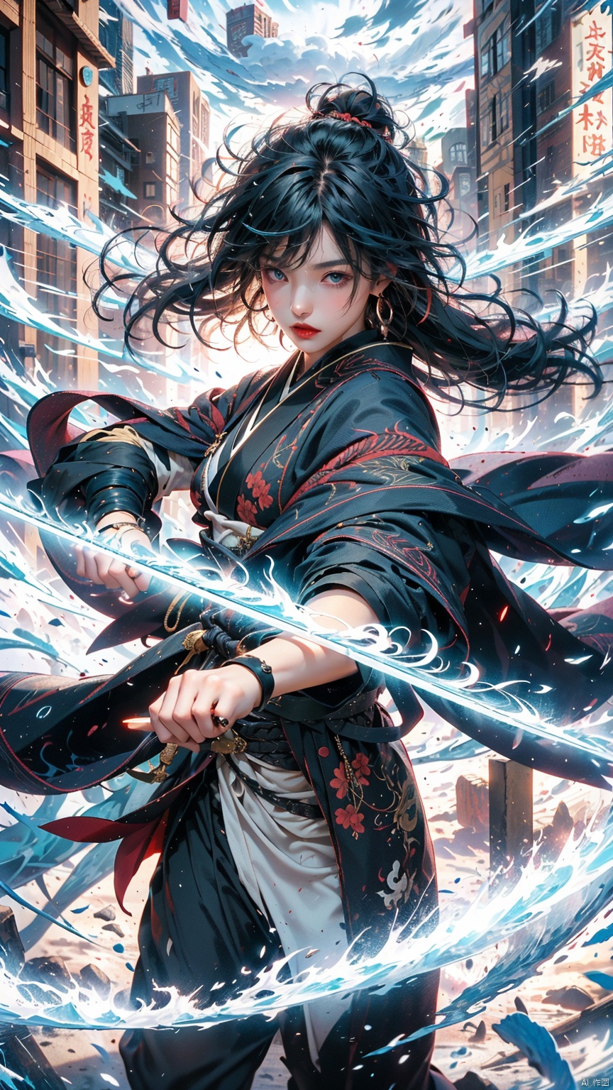 1Girl, (Head Up) (Positive Light) Female Focus, (Long Hair) Lightness Skill, Imperial Sword (Straight Sword) (Thunder and Whirlwind),
Red lips, bangs, earrings, kimono, Chinese cardigan, print, tassels,
Modern cities, machine monsters, Taoist runes