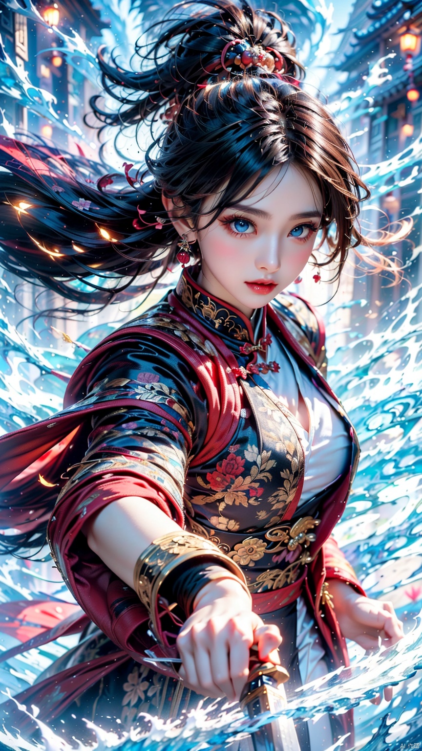  1 girl, (looking up) (positive light) (blue eyes), female focus, (long hair) lightness skill, imperial sword (straight sword) (lightning whirlwind), red lips, bangs, earrings, kimono, Chinese cardigan, print, tassels,
Chinese architecture, energy flow, energy fluid, a huge beast composed of energy, Taoist symbols, Multidimensional diffraction paper