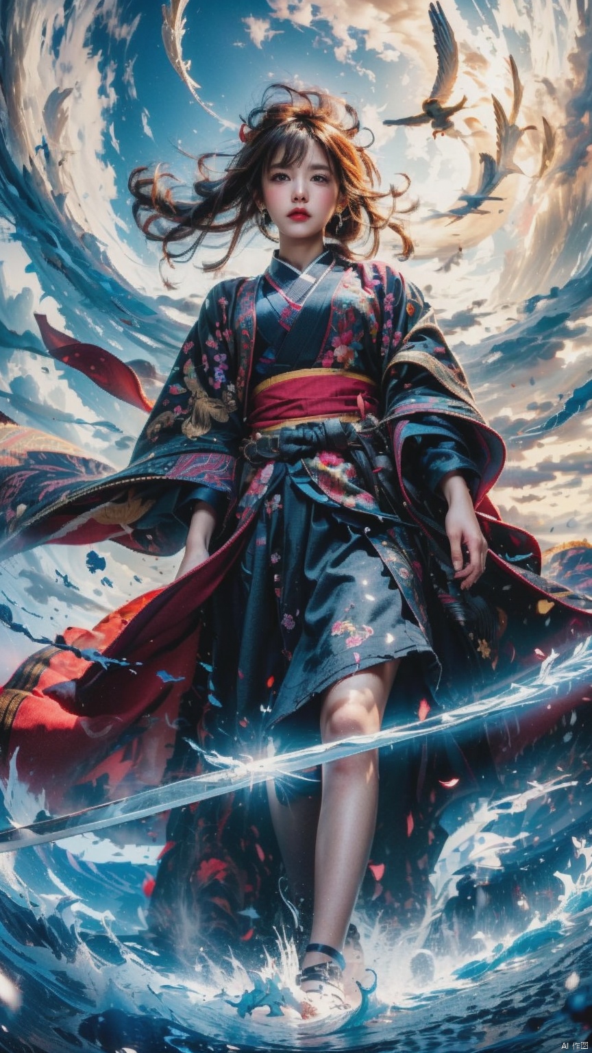 1Girl (Head Up) (Positive Light) Female Focus, Lightness Skill, Imperial Sword (Straight Sword) (Giant Phoenix Projection)
Red lips, bangs, earrings, kimono, Chinese cardigan, print, tassels
Cloud and mist whirlwind, shrouded in clouds and mist, ethereal aura drifting, Chinese architecture, Taoist runes