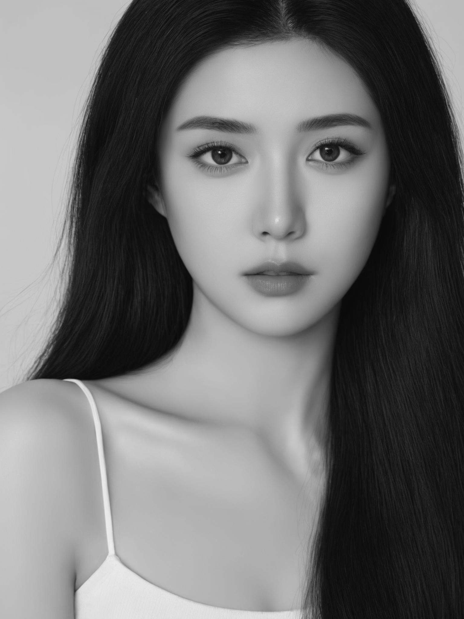 hanfeng, 1girl, greyscale, solo, monochrome, long hair, looking at viewer, parted lips, realistic, lips, bare shoulders, off shoulder, nose, simple background, white background,best quality,high resolution,photo_\(medium\),photorealistic,realistic,finely detail,extremely detailed, <lora:hanfengsheyingXL-000016:0.65>