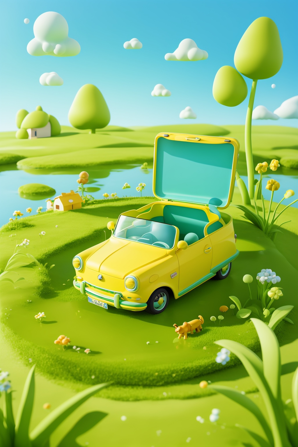 masterpiece,best quality,bubbles,a dreamy scene,cartoon car,grass,small house,cartoon,