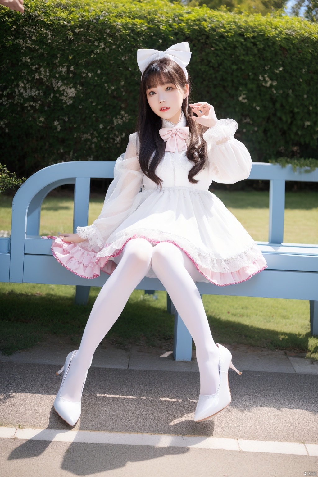  best quality,1girl, cxmxlz,solo, dress,lolanse_style dress, sitting, pantyhose, long hair, white footwear, brown hair, shoes, holding, full body, glasses, box,  high heels, black hair, bow, lolita fashion, hair flower, outdoors, white pantyhose, frills, bangs, hair bow, platform footwear, hand up, blush, cardboard box, see-through, ribbon, long sleeves,