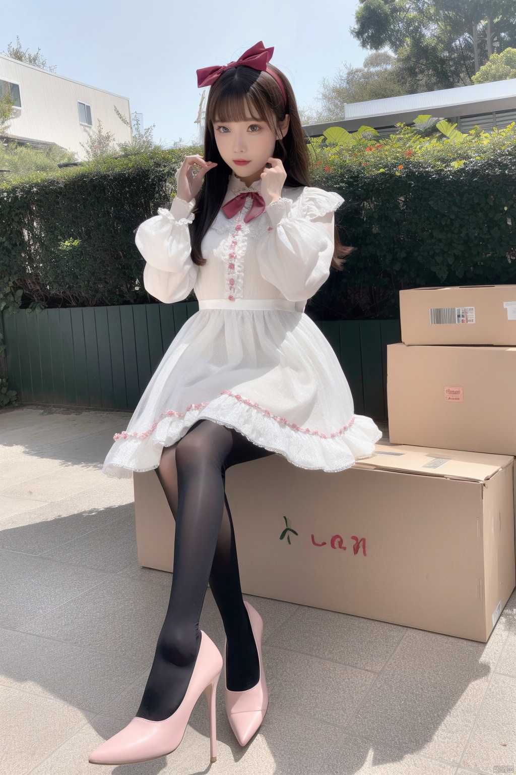  best quality,1girl, cxmxlz,solo, dress,lolanse_style dress, sitting, pantyhose, long hair, white footwear, brown hair, shoes, holding, full body, glasses, box,  high heels, black hair, bow, lolita fashion, hair flower, outdoors, white pantyhose, frills, bangs, hair bow, platform footwear, hand up, blush, cardboard box, see-through, ribbon, long sleeves,