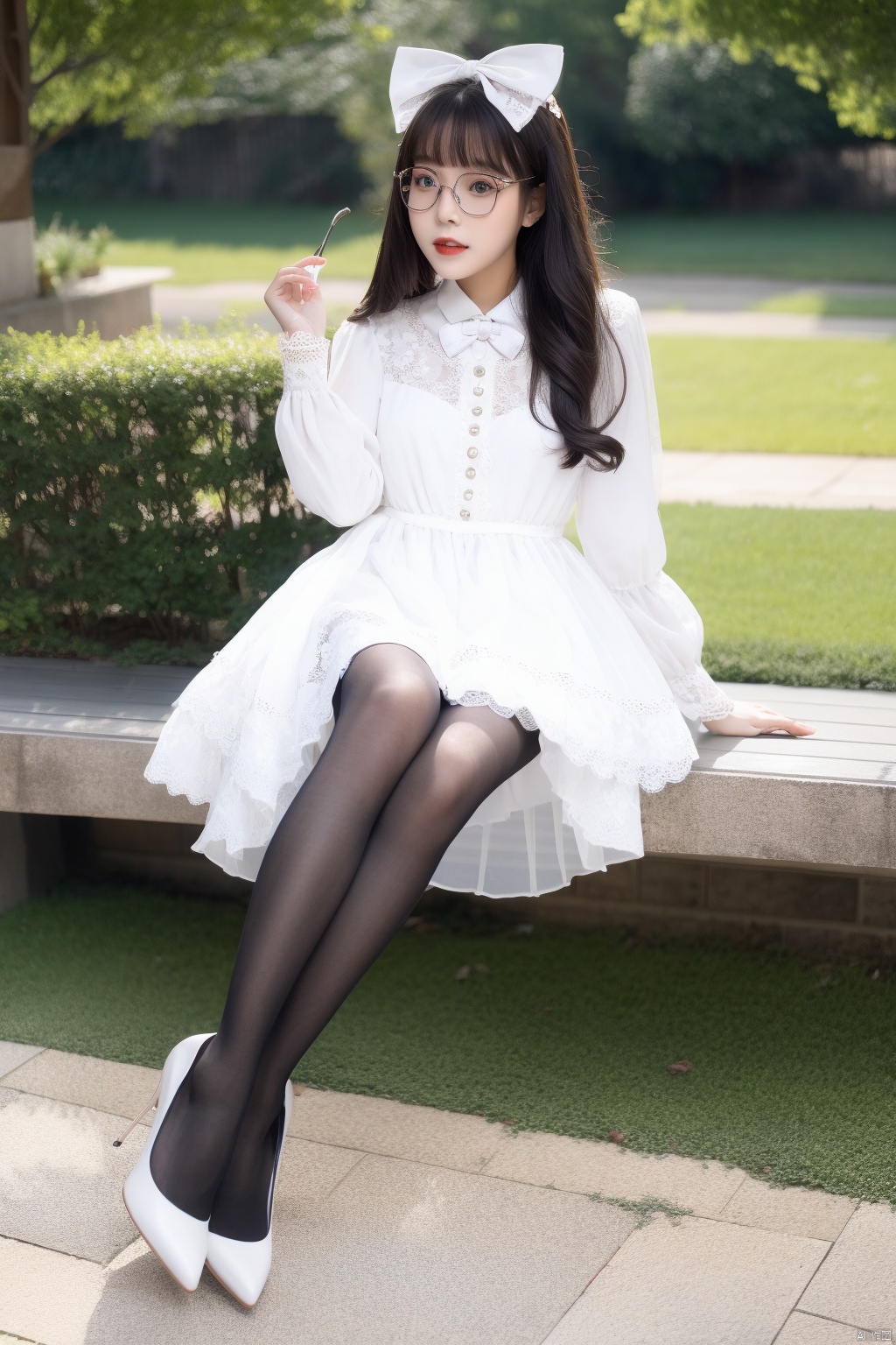  best quality,1girl, cxmxlz,solo, dress,lolanse_style dress, sitting, pantyhose, long hair, white footwear, brown hair, shoes, holding, full body, glasses, box,  high heels, black hair, bow, lolita fashion, hair flower, outdoors, white pantyhose, frills, bangs, hair bow, platform footwear, hand up, blush, cardboard box, see-through, ribbon, long sleeves,