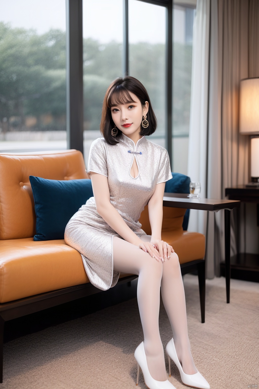  best quality,1girl,solo,dress, sitting, high heels, chair, looking at viewer, pantyhose, white footwear, brown hair, white dress, full body, chinese clothes, earrings, breasts, indoors,  china dress, jewelry, short sleeves, smile, brown eyes, lips, short hair, medium breasts, grey pantyhose, closed mouth, red lips, floral print, bangs, short dress, day, arm support, fingernails, table, curtains, knees together feet apart, shoes, armchair, lamp, window,  side slit, pumps, nose, black hair,0025lxx