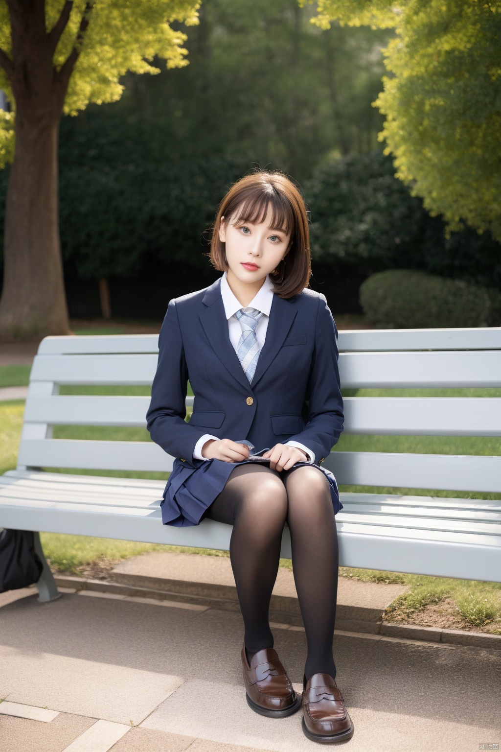 best quality, masterpiece, ultra high res, raw photo, depth of Field,  1girl, solo, skirt, bench, sitting, bag, shoes, pantyhose, brown hair, outdoors, shirt, jacket, black pantyhose, collared shirt, day, loafers, blue skirt, full body, brown footwear, black jacket, bangs, white shirt, brown eyes, long sleeves, ponytail, skirt lift, sidelocks, backpack, school uniform, looking at viewer, blue jacket, closed mouth, long hair, lips, black skirt,clothes lift, formal, dress shirt, on bench, sitting on bench, park bench, suit, medium hair, nose, wing collar, legs together, short hair, buttons, parted lips, backpack removed, pleated skirt, good anatomy, good proportions, shapely body,