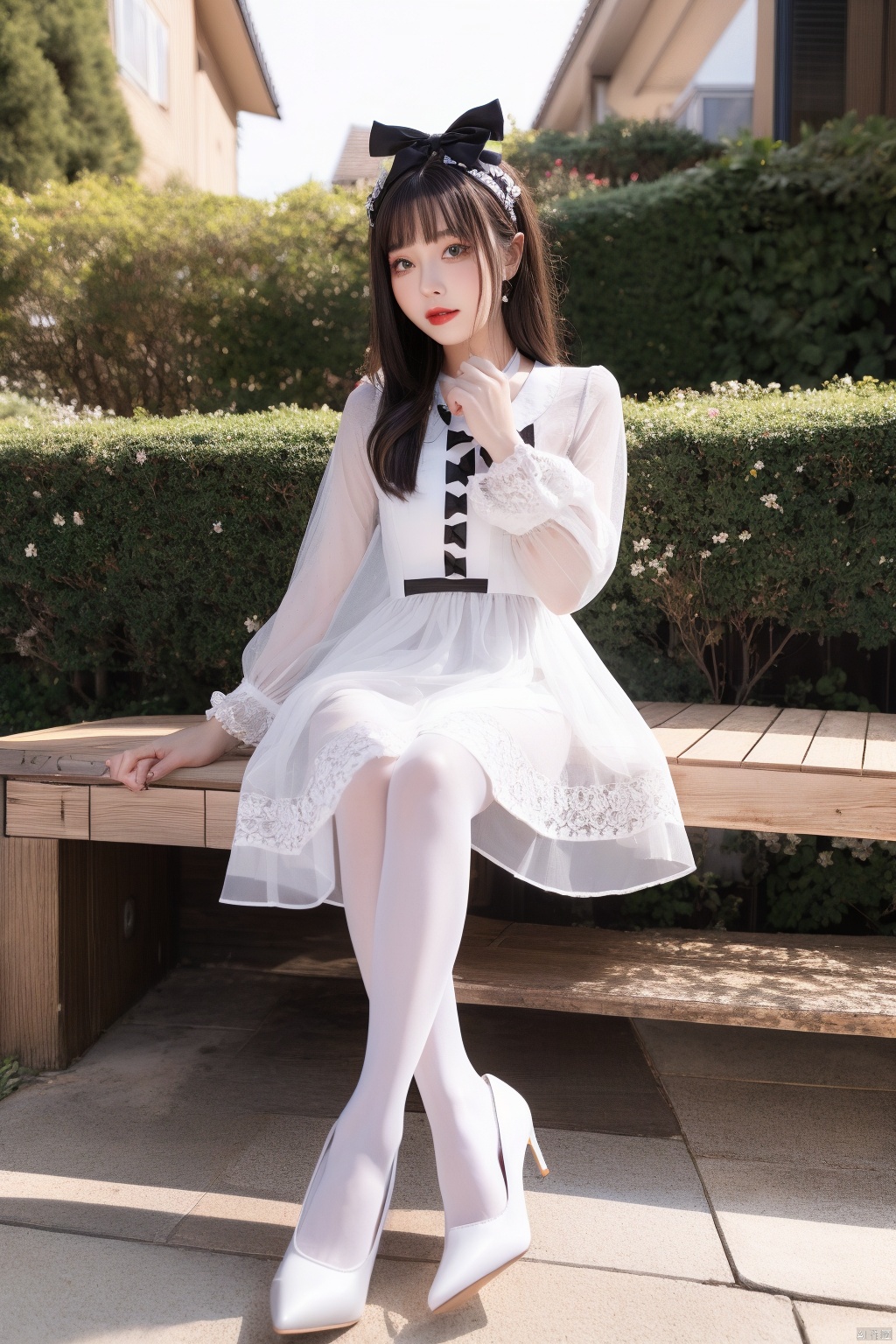  best quality,1girl, cxmxlz,solo, dress,lolanse_style dress, sitting, pantyhose, long hair, white footwear, brown hair, shoes, holding, full body, glasses, box,  high heels, black hair, bow, lolita fashion, hair flower, outdoors, white pantyhose, frills, bangs, hair bow, platform footwear, hand up, blush, cardboard box, see-through, ribbon, long sleeves,