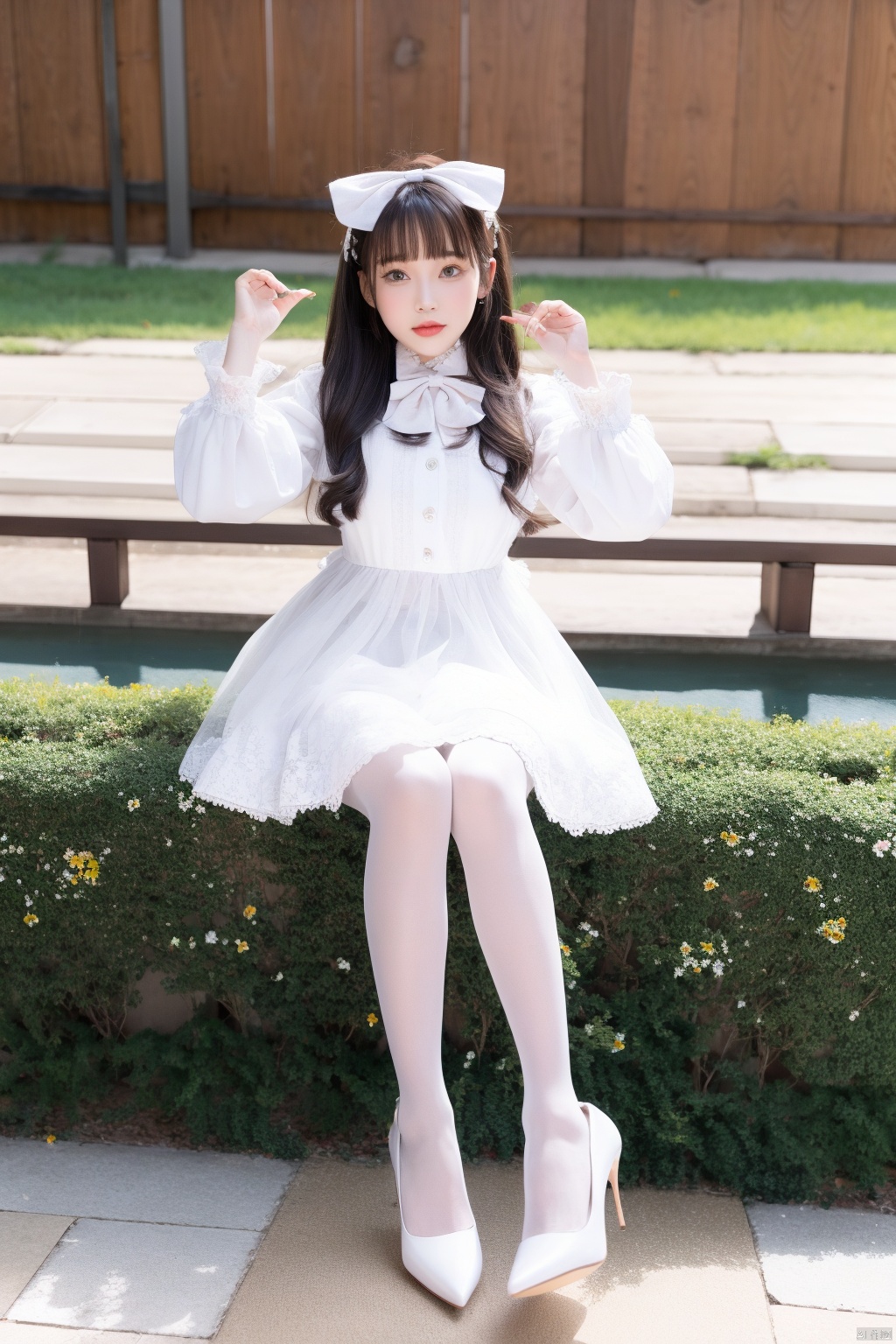  best quality,1girl, cxmxlz,solo, dress,lolanse_style dress, sitting, pantyhose, long hair, white footwear, brown hair, shoes, holding, full body, glasses, box,  high heels, black hair, bow, lolita fashion, hair flower, outdoors, white pantyhose, frills, bangs, hair bow, platform footwear, hand up, blush, cardboard box, see-through, ribbon, long sleeves,