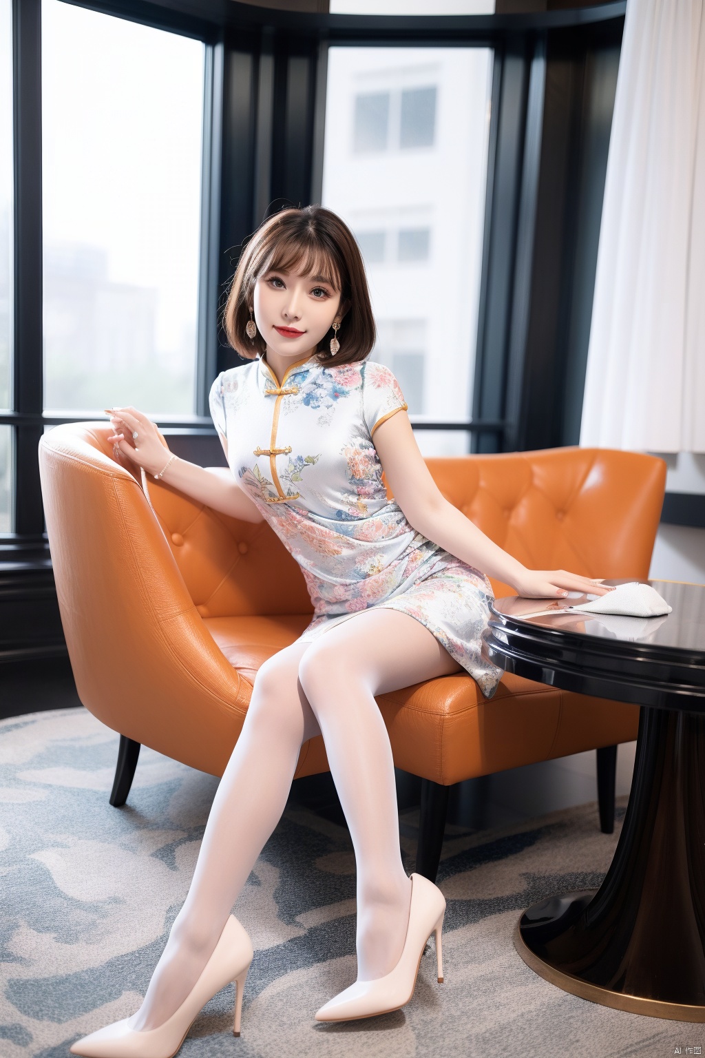  best quality,1girl,solo,dress, sitting, high heels, chair, looking at viewer, pantyhose, white footwear, brown hair, white dress, full body, chinese clothes, earrings, breasts, indoors,  china dress, jewelry, short sleeves, smile, brown eyes, lips, short hair, medium breasts, grey pantyhose, closed mouth, red lips, floral print, bangs, short dress, day, arm support, fingernails, table, curtains, knees together feet apart, shoes, armchair, lamp, window,  side slit, pumps, nose, black hair,0025lxx
