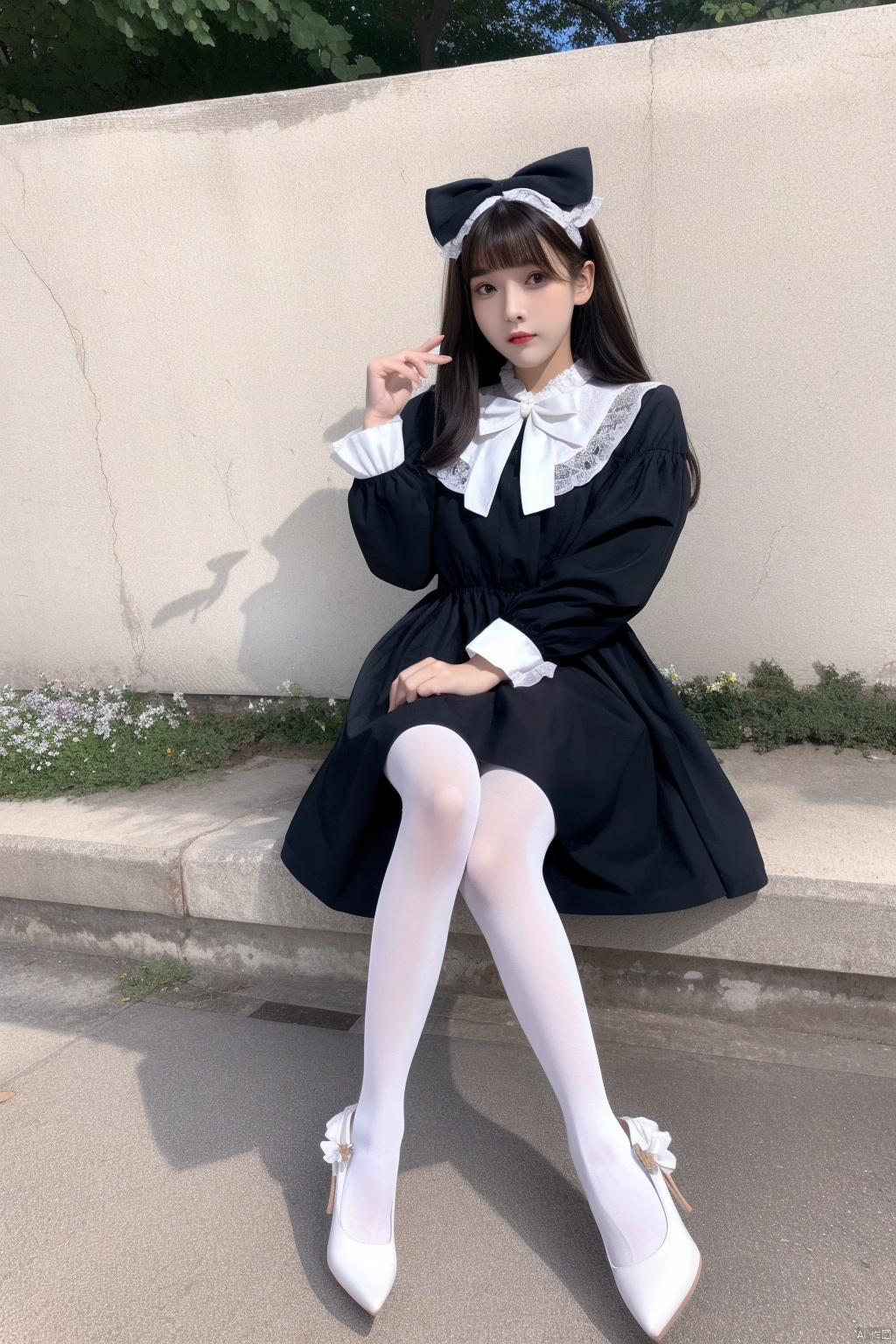 lolanse, 1girl, solo, dress,lolanse_style dress, sitting, pantyhose, long hair, white footwear, brown hair, shoes, holding, full body, glasses, box, hair ornament, high heels, black hair, flower, bow, lolita fashion, hair flower, outdoors, white pantyhose, frills,  bangs, hair bow, platform footwear, hand up, blush, cardboard box, bag, see-through, ribbon, long sleeves,good anatomy, good proportions, shapely body, 