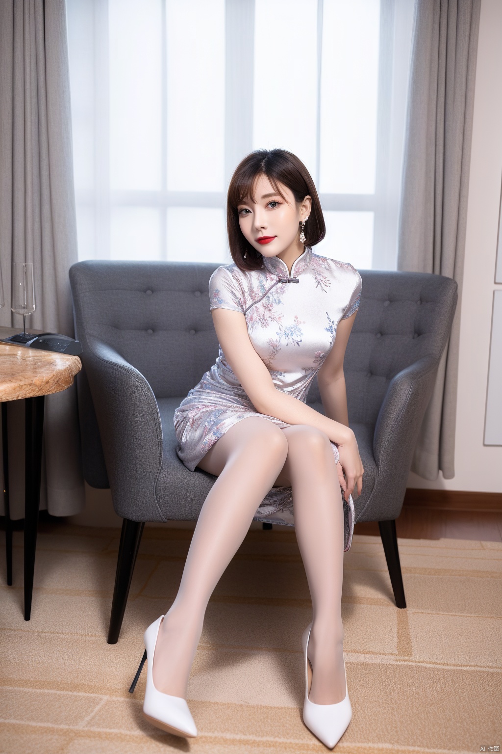  best quality,1girl, cxmxlz,solo,dress, sitting, high heels, chair, looking at viewer, pantyhose, white footwear, brown hair, white dress, full body, chinese clothes, earrings, breasts, indoors, realistic, china dress, jewelry, short sleeves, smile, brown eyes, lips, short hair, medium breasts, grey pantyhose, closed mouth, red lips, floral print, bangs, short dress, day, arm support, fingernails, table, curtains, knees together feet apart, shoes, armchair, lamp, window, makeup, side slit, pumps, nose, black hair