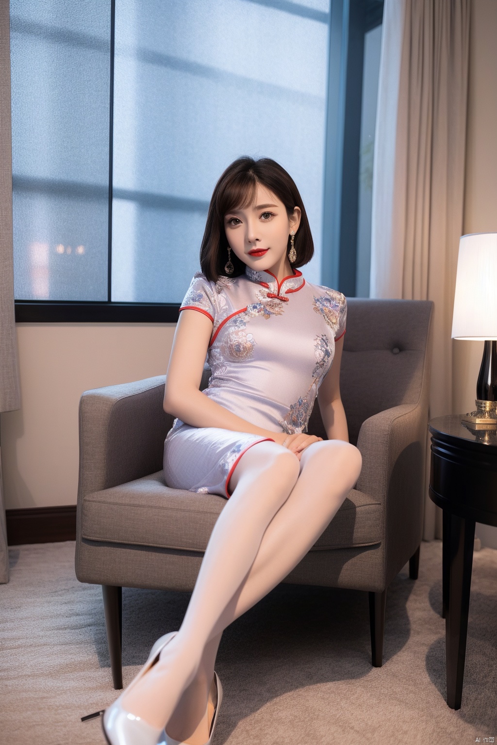  best quality,1girl,solo,dress, sitting, high heels, chair, looking at viewer, pantyhose, white footwear, brown hair, white dress, full body, chinese clothes, earrings, breasts, indoors,  china dress, jewelry, short sleeves, smile, brown eyes, lips, short hair, medium breasts, grey pantyhose, closed mouth, red lips, floral print, bangs, short dress, day, arm support, fingernails, table, curtains, knees together feet apart, shoes, armchair, lamp, window,  side slit, pumps, nose, black hair,0025lxx