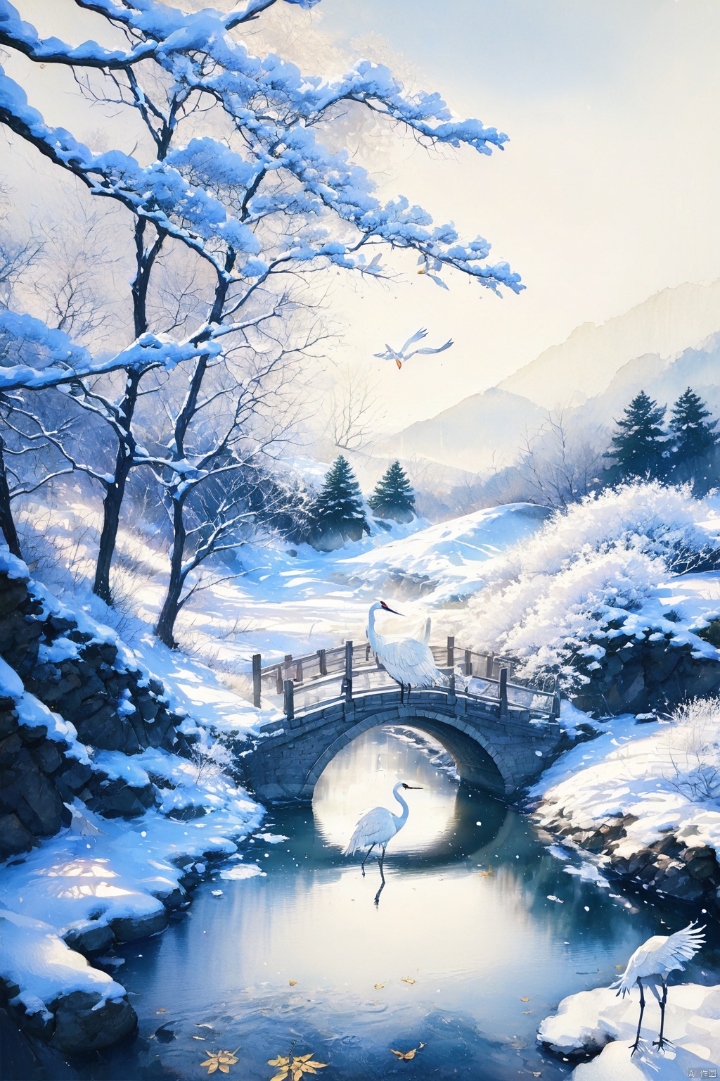 Simple background, perfect lighting, aesthetic concept, natural wonders, white theme, watercolor painting, wooden bridge, creek, White Crane Snow landscape