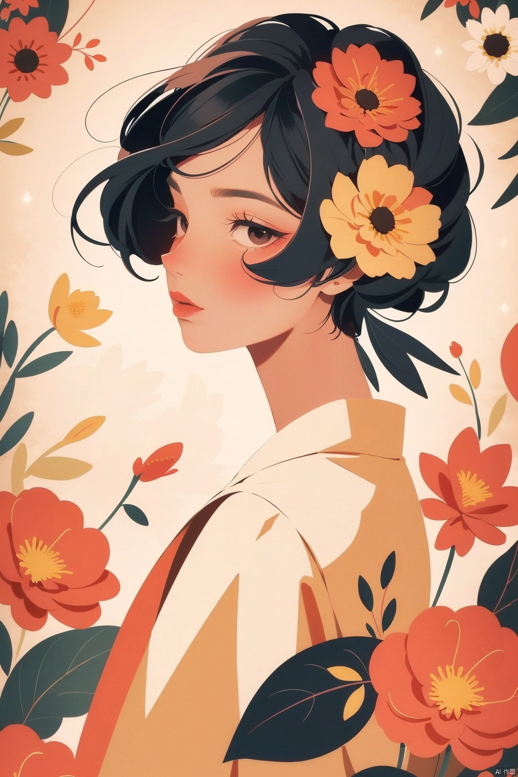 masterpiece,best quality, ultra highres,1girl,flower, red flower,yellow flower,blackhair,