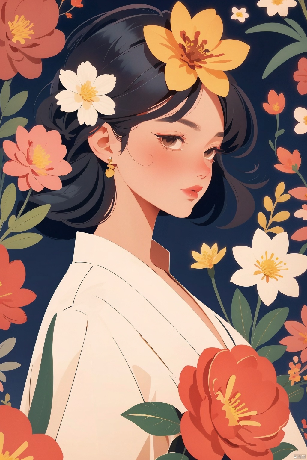 masterpiece,best quality, ultra highres,1girl,flower, red flower,yellow flower,blackhair,