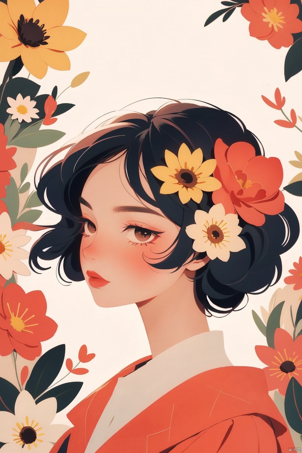masterpiece,best quality, ultra highres,1girl,flower, red flower,yellow flower,blackhair,