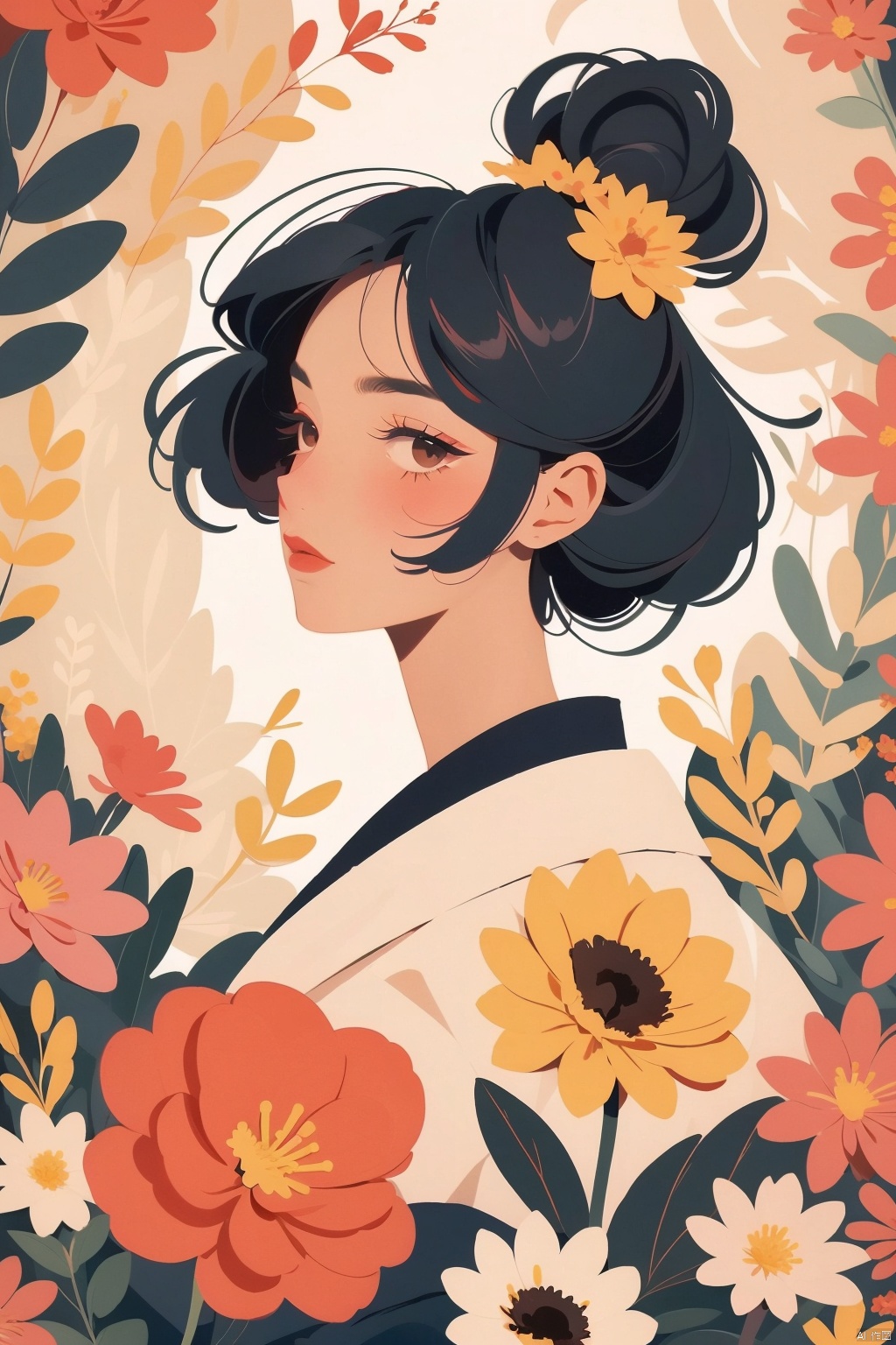 masterpiece,best quality, ultra highres,1girl,flower, red flower,yellow flower,blackhair,